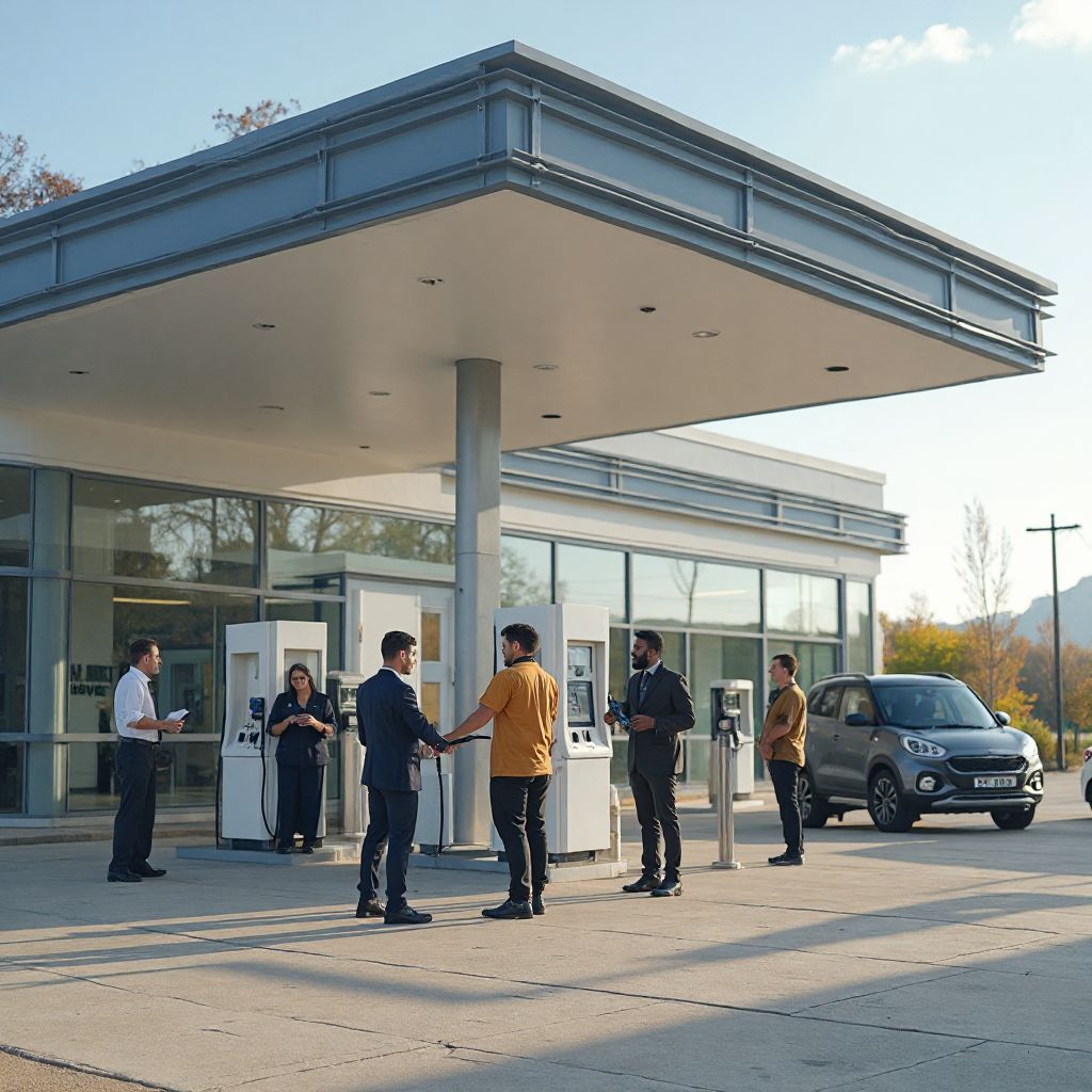Estación de servicio moderna con valores corporativos