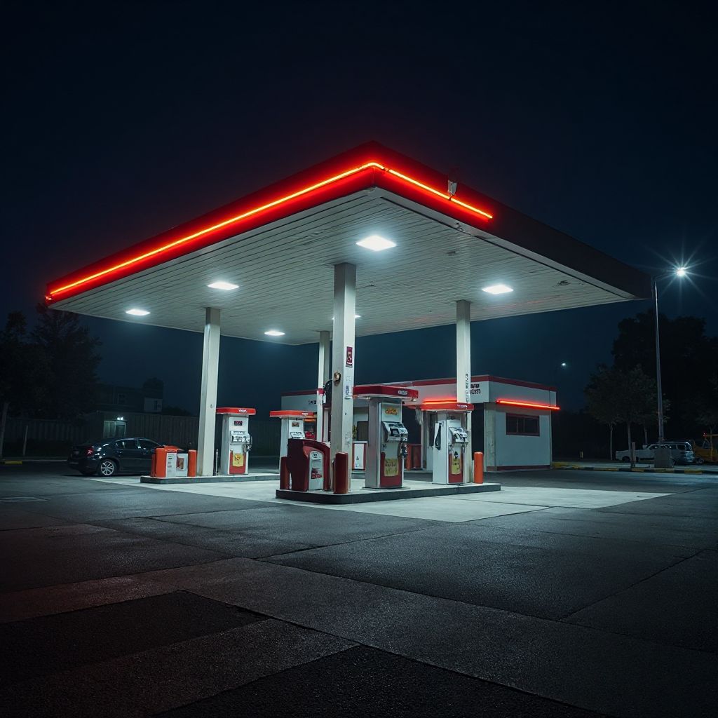 Estación de servicio iluminada por la noche